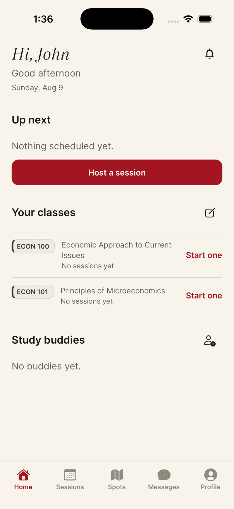 Studi home screen showing what's up next, your classes, and study buddies.