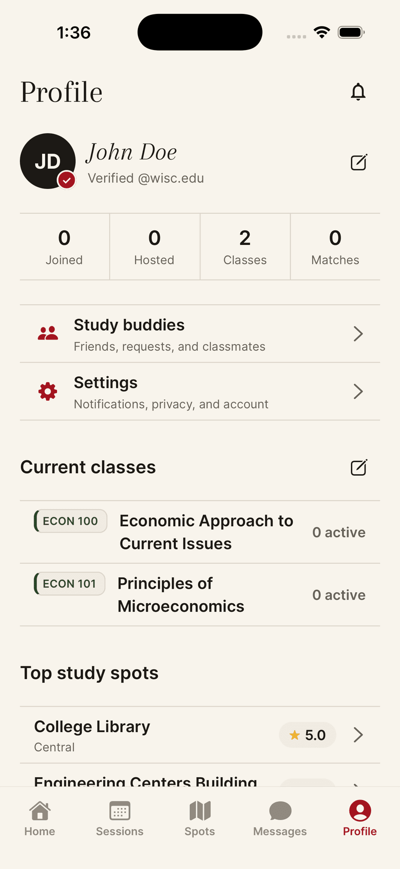 Studi profile with a verified badge, current classes, and top study spots.