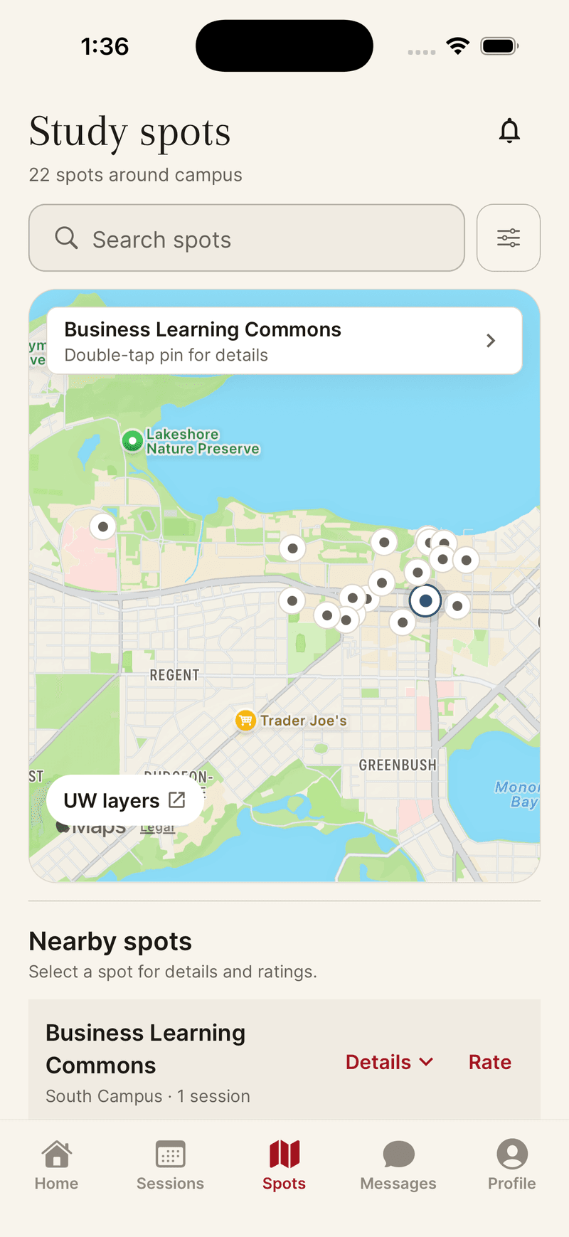 Study spots map with pins across campus and a list of nearby spots.